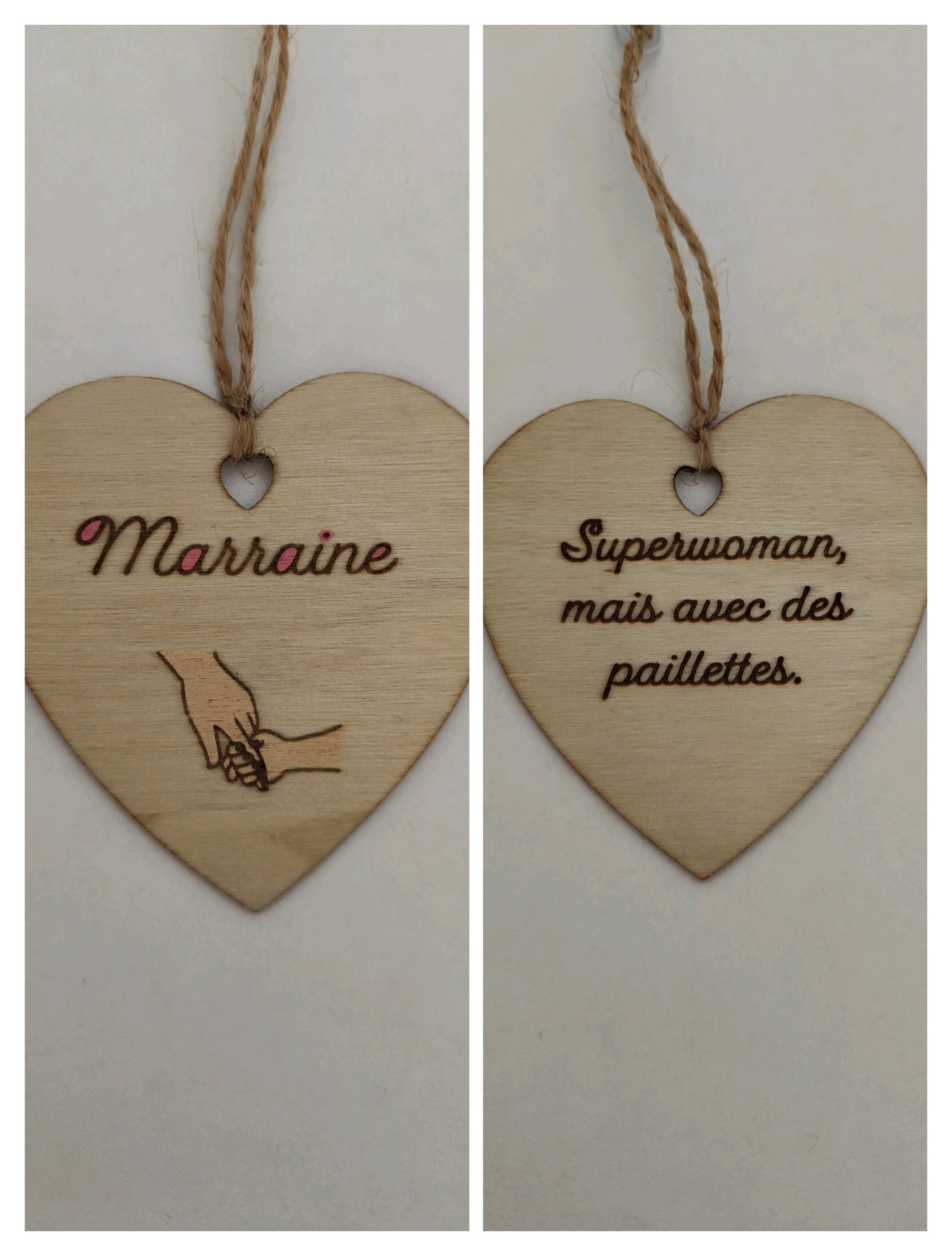 Coeur en bois - Marraine - Superwoman avec des paillettes