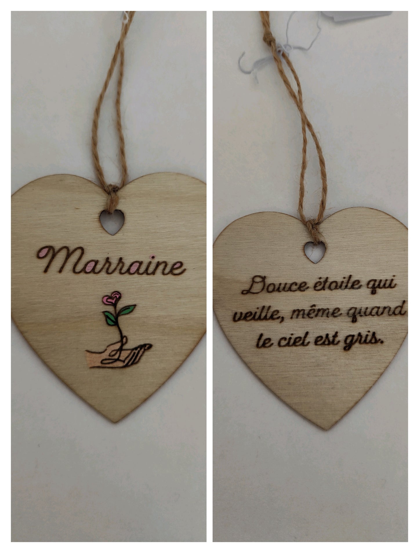 Coeur en bois - Marraine - Douce étoile