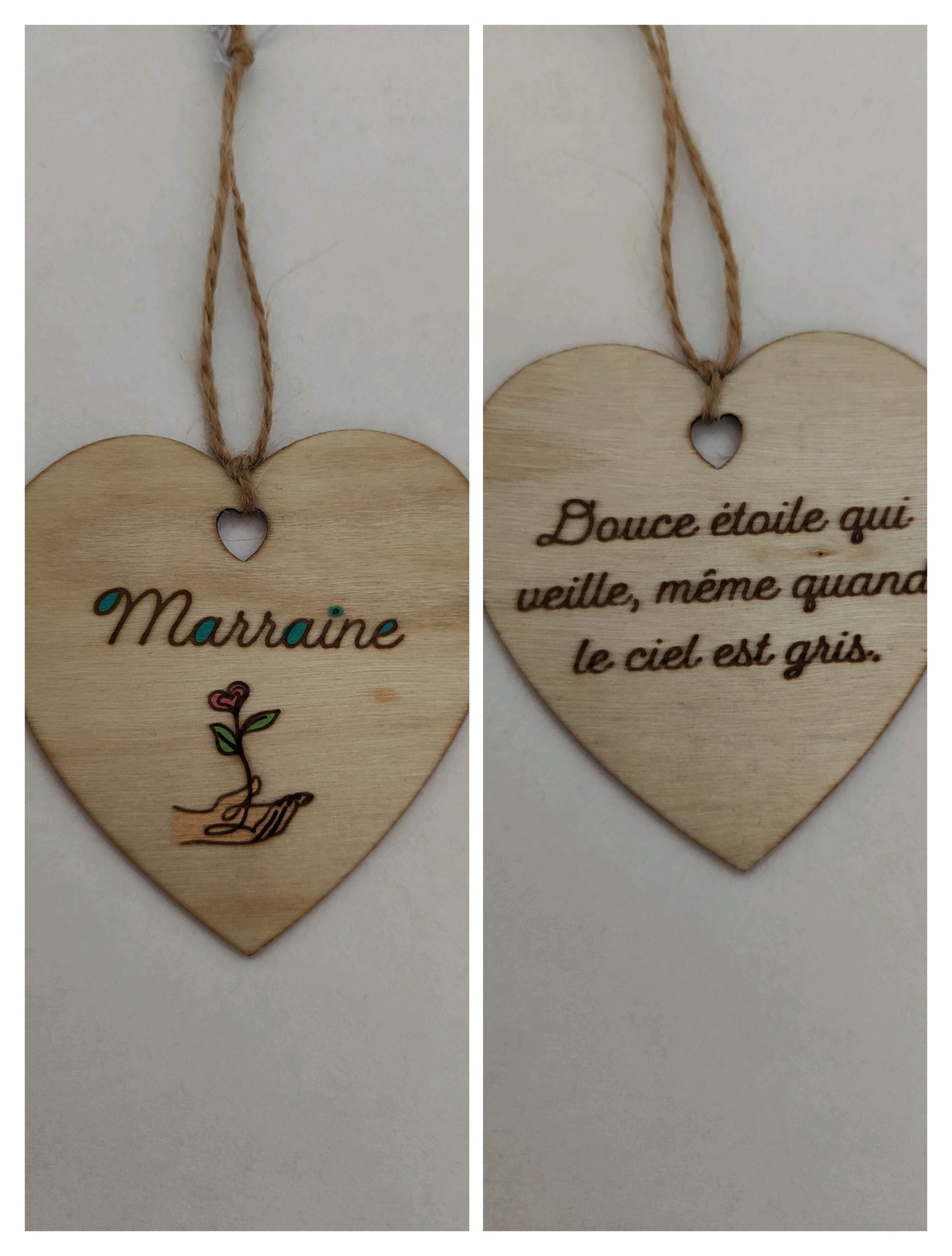 Coeur en bois - Marraine - Douce étoile
