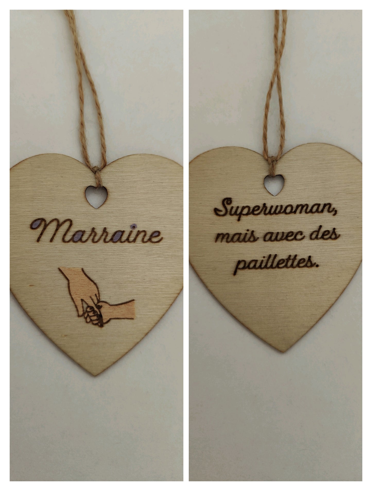 Coeur en bois - Marraine - Superwoman avec des paillettes